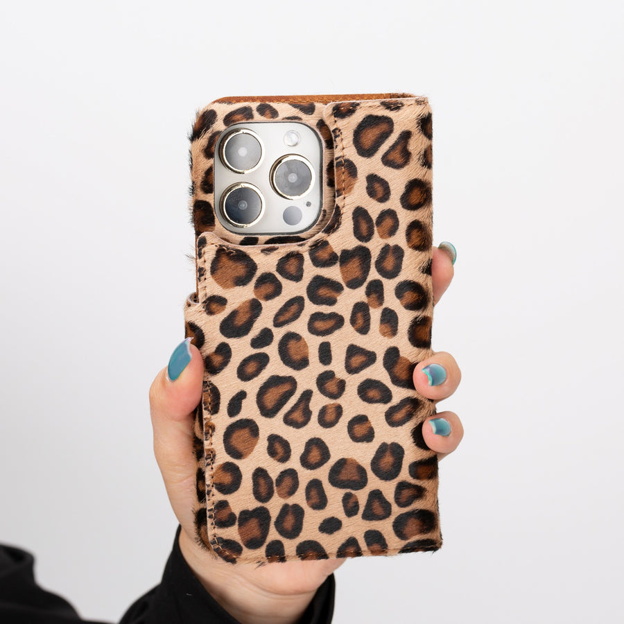 iphone 15 pro max florence leather wallet phone case furry leopard 09