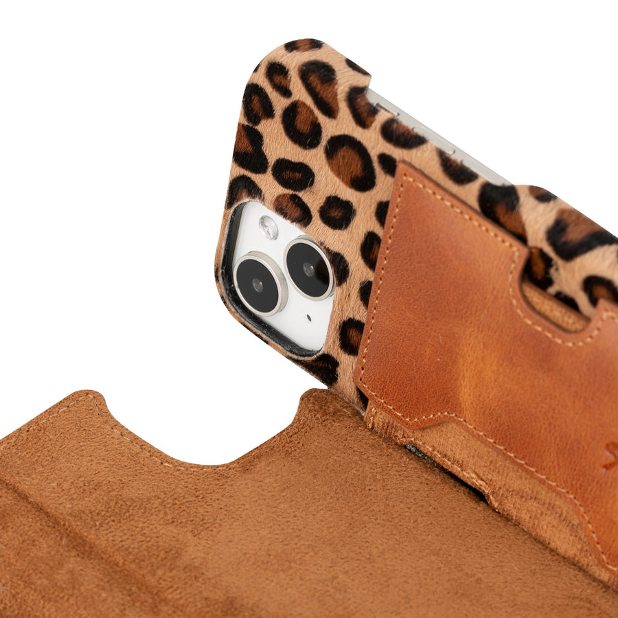 iphone 15 florence leather wallet phone case furry leopard 08