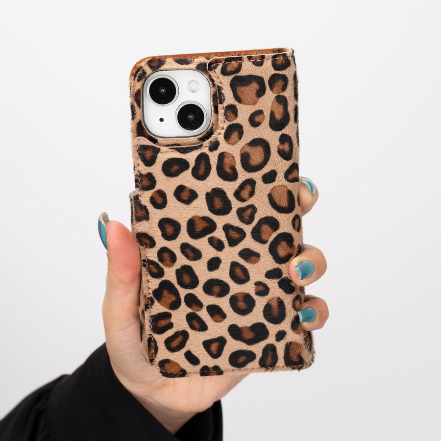 iphone 15 florence leather wallet phone case furry leopard 09