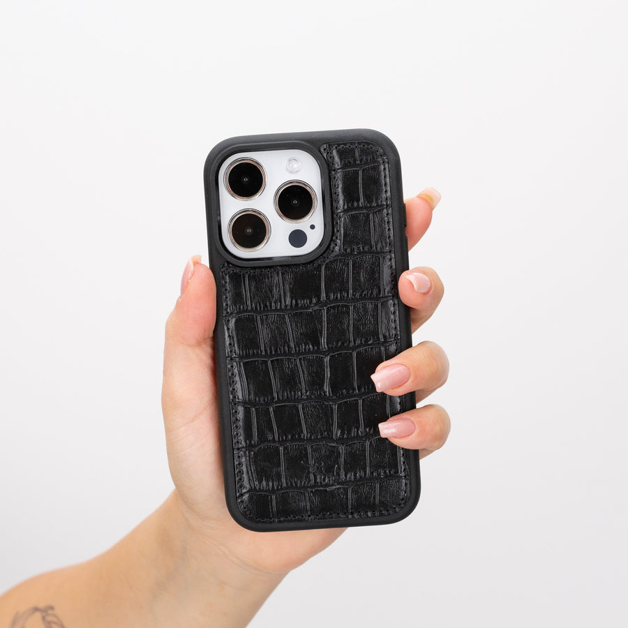 iphone 15 pro lucca leather phone case black crocodile 06