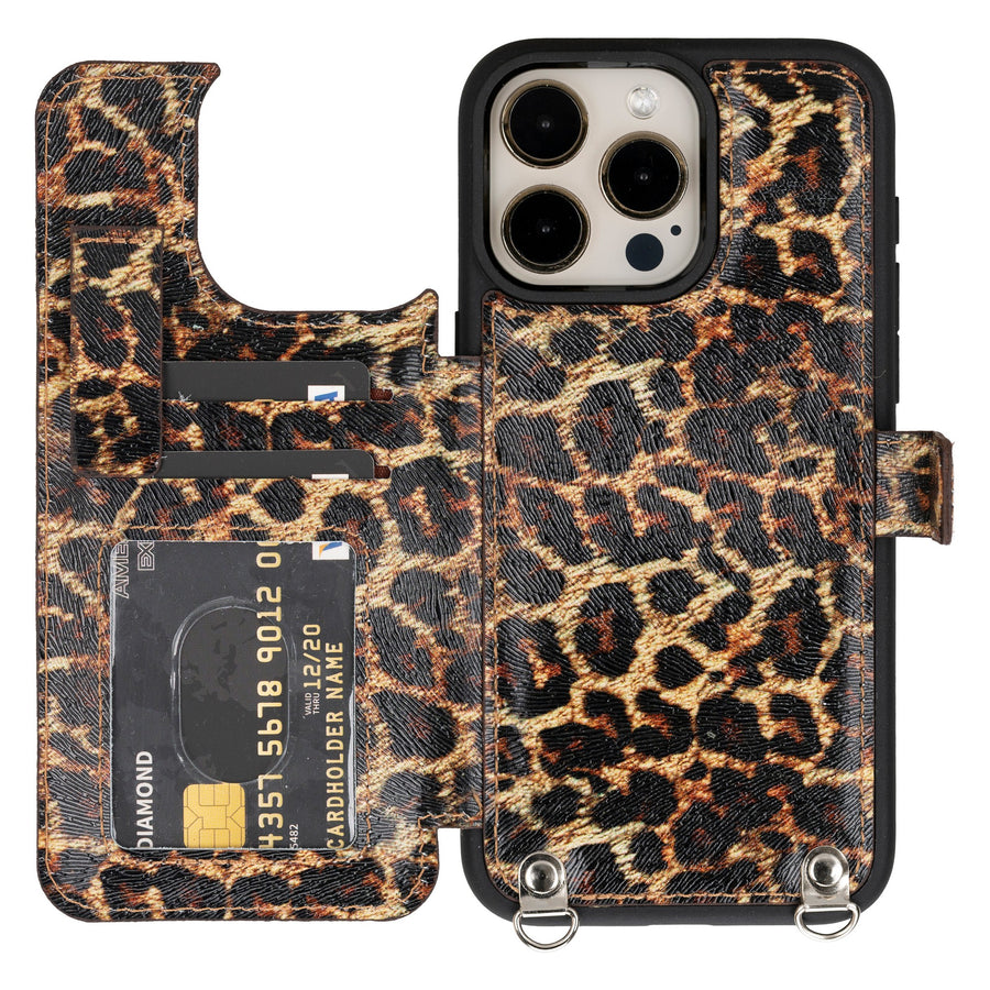 iphone 15 pro max fermo leather crossbody wallet case leopard pattern 03