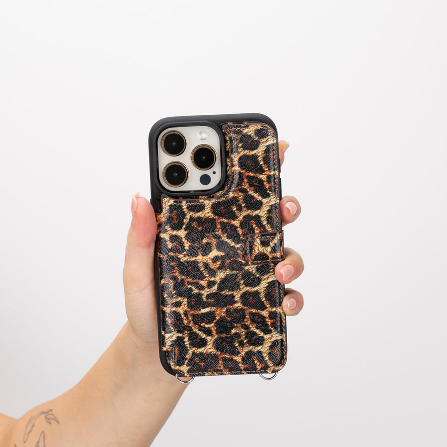iphone 15 pro max fermo leather crossbody wallet case leopard pattern 07