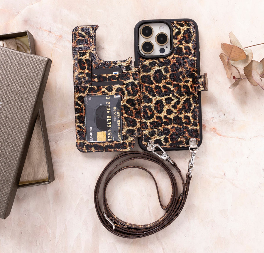 iphone 15 pro max fermo leather crossbody wallet case leopard pattern 08