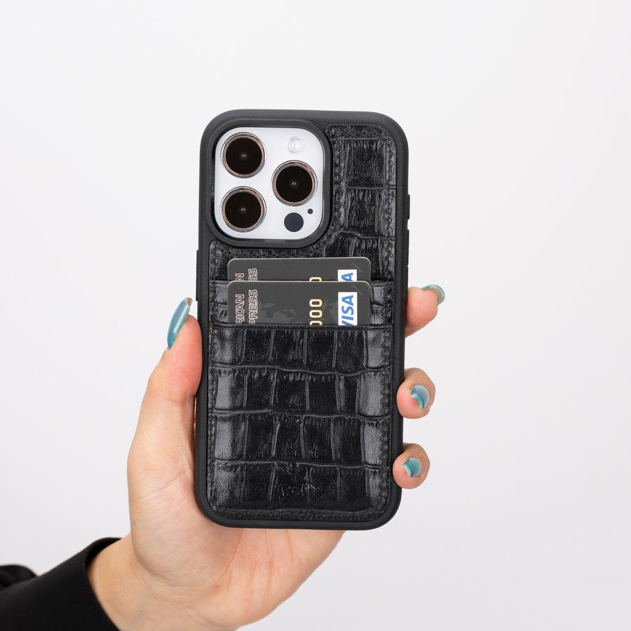 iphone 15 pro capri leather phone case black crocodile 07