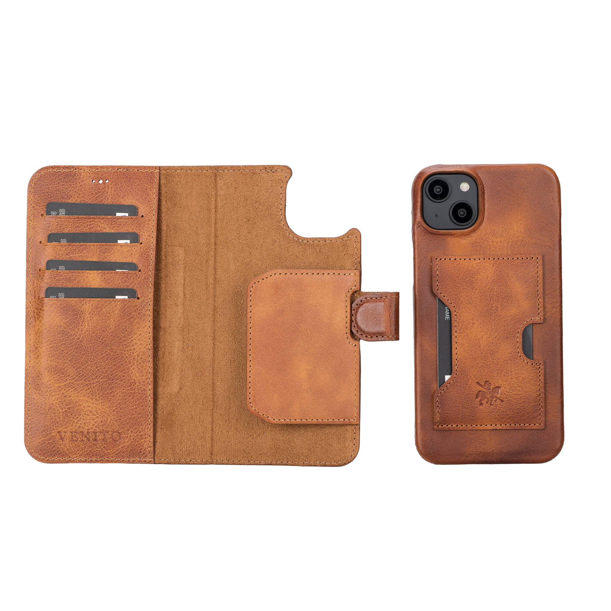 HR Wireless Apple iPhone 14 6.1 - Multi-functional Cards Slot Wrist Strap Vegan Leather Case Cover - Brown