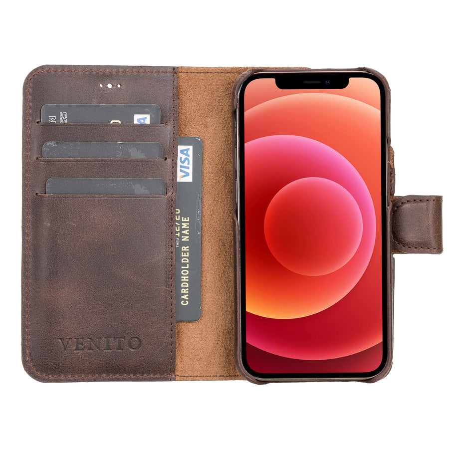 Luxury Dark Brown Leather iPhone 12 Mini Detachable Wallet Case with Card Holder & MagSafe - Venito - 2
