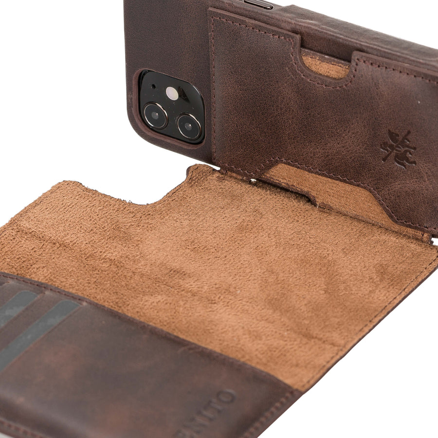 Luxury Dark Brown Leather iPhone 12 Mini Detachable Wallet Case with Card Holder & MagSafe - Venito - 3