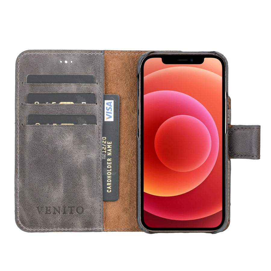Luxury Gray Leather iPhone 12 Mini Detachable Wallet Case with Card Holder & MagSafe - Venito - 2