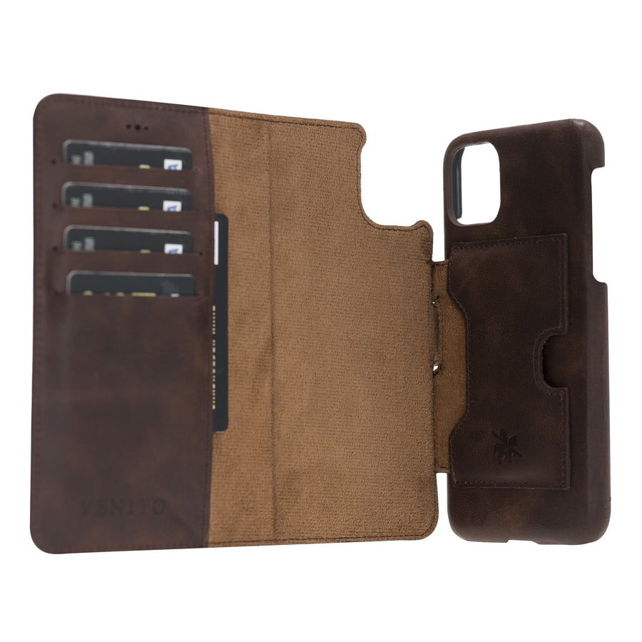 Luxury Dark Brown Leather iPhone 11 Detachable Wallet Case with Card Holder  - Venito - 2