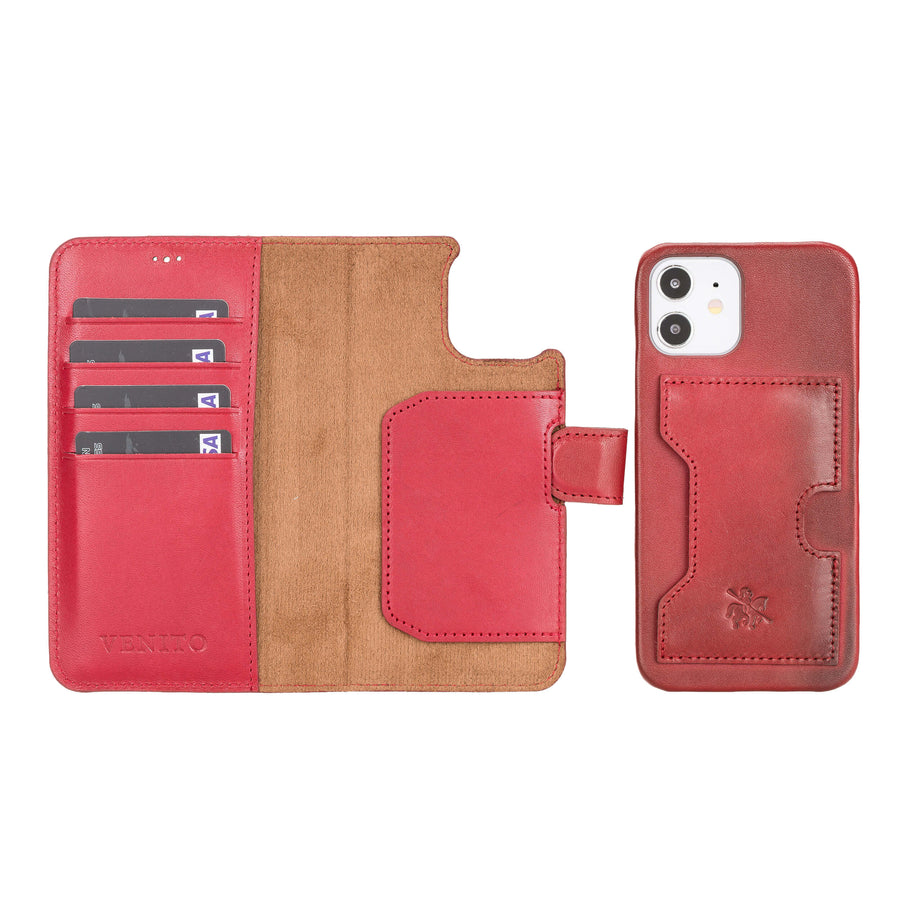 Luxury Red Leather iPhone 12 Detachable Wallet Case with Card Holder & MagSafe - Venito - 1
