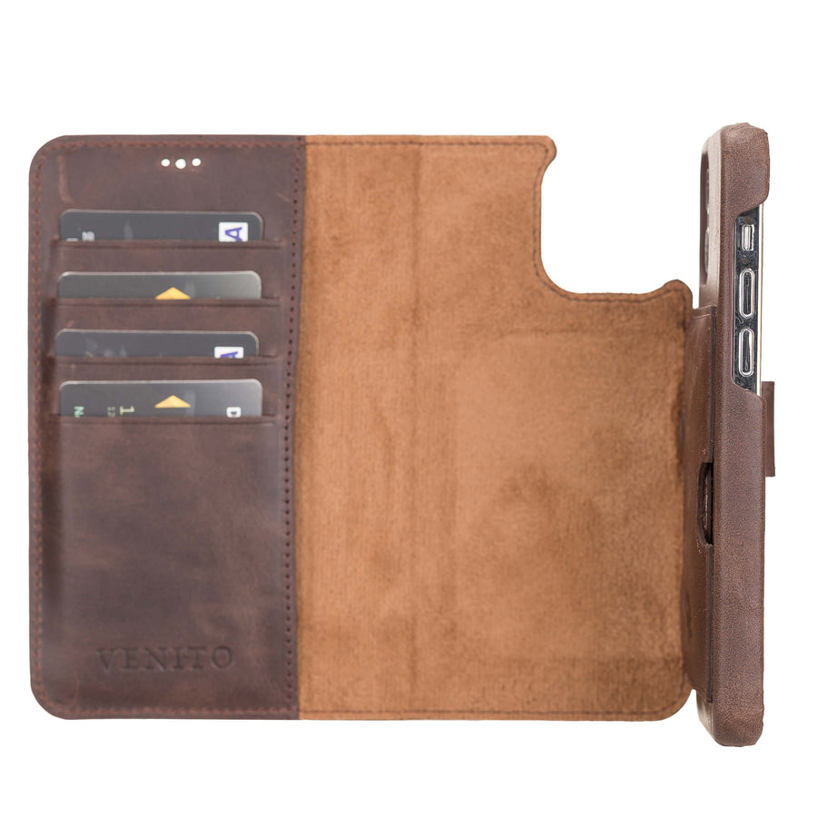 Luxury Dark Brown Leather iPhone 12 Detachable Wallet Case with Card Holder & MagSafe - Venito - 2