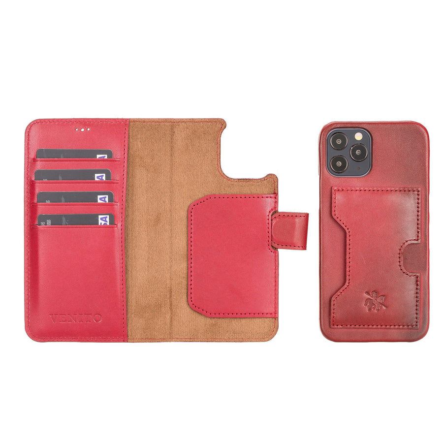 Luxury Red Leather iPhone 12 Pro Detachable Wallet Case with Card Holder & MagSafe - Venito - 1