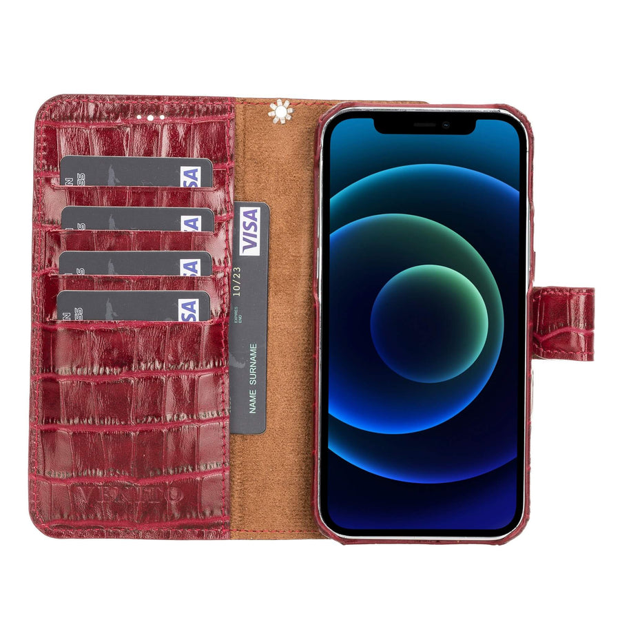 Luxury Red Crocodile Leather iPhone 12 Detachable Wallet Case with Card Holder & MagSafe - Venito - 2