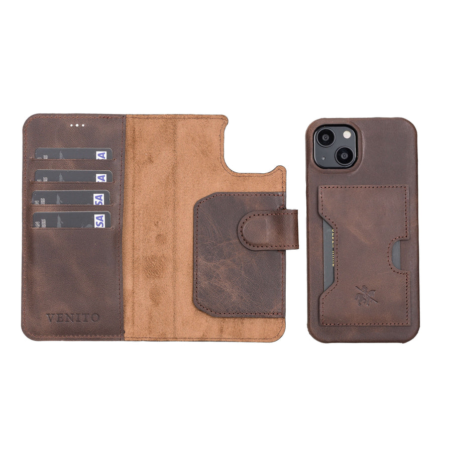 Florence Luxury Dark Brown Leather iPhone 13 Detachable Wallet Case with Card Holder & MagSafe - Venito - 1