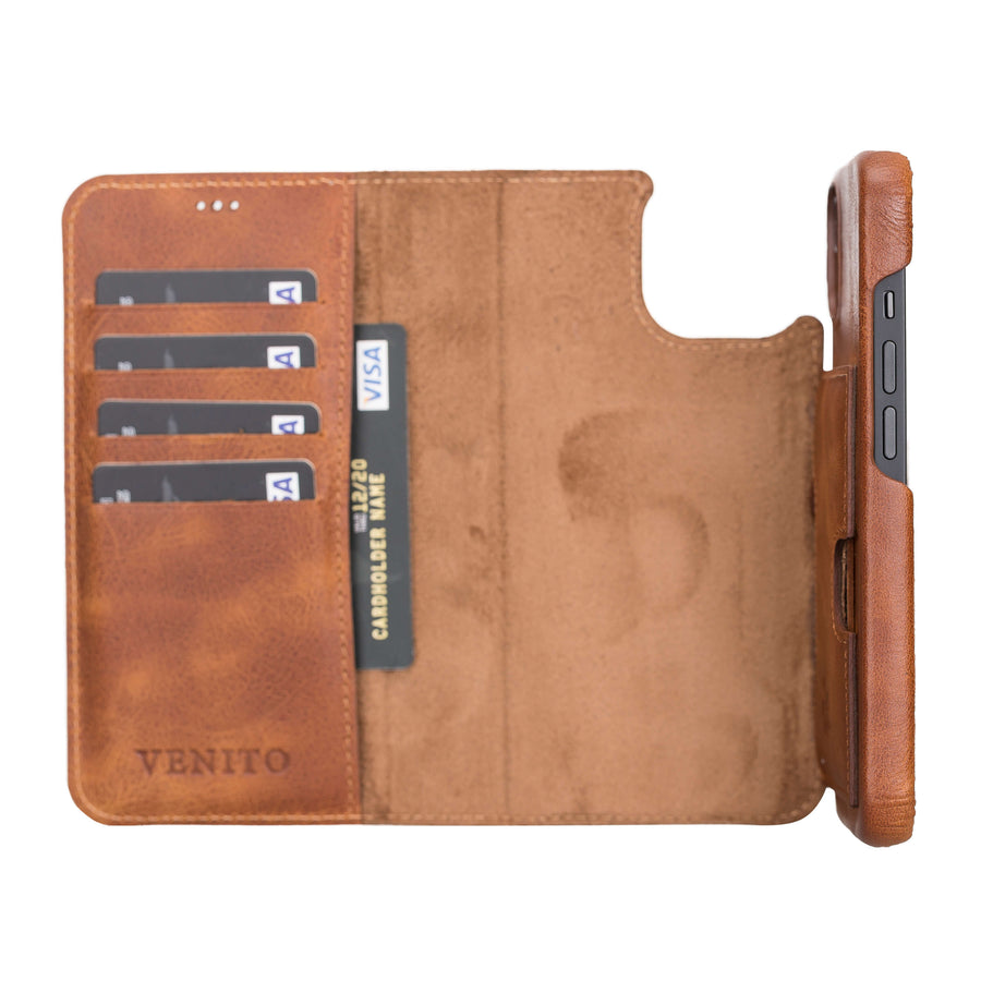 Florence Luxury Brown Leather iPhone 13 Pro Max Detachable Wallet Case with Card Holder & MagSafe - Venito - 3