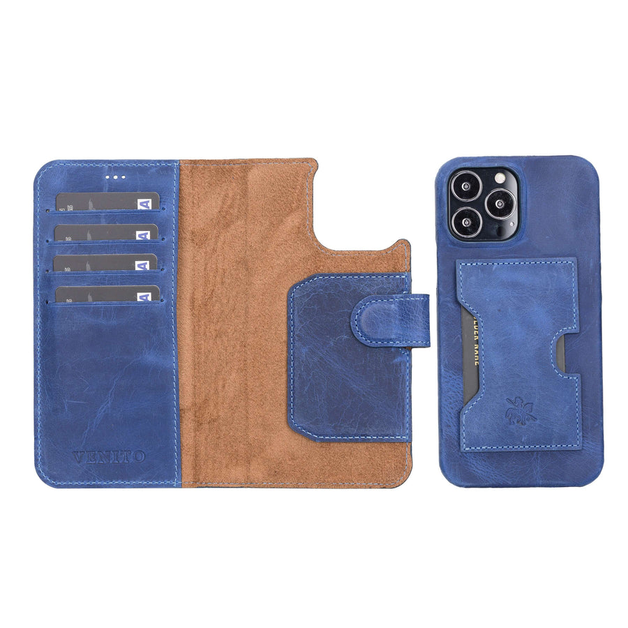 Florence Luxury Blue Leather iPhone 13 Pro Detachable Wallet Case with Card Holder & MagSafe - Venito - 1