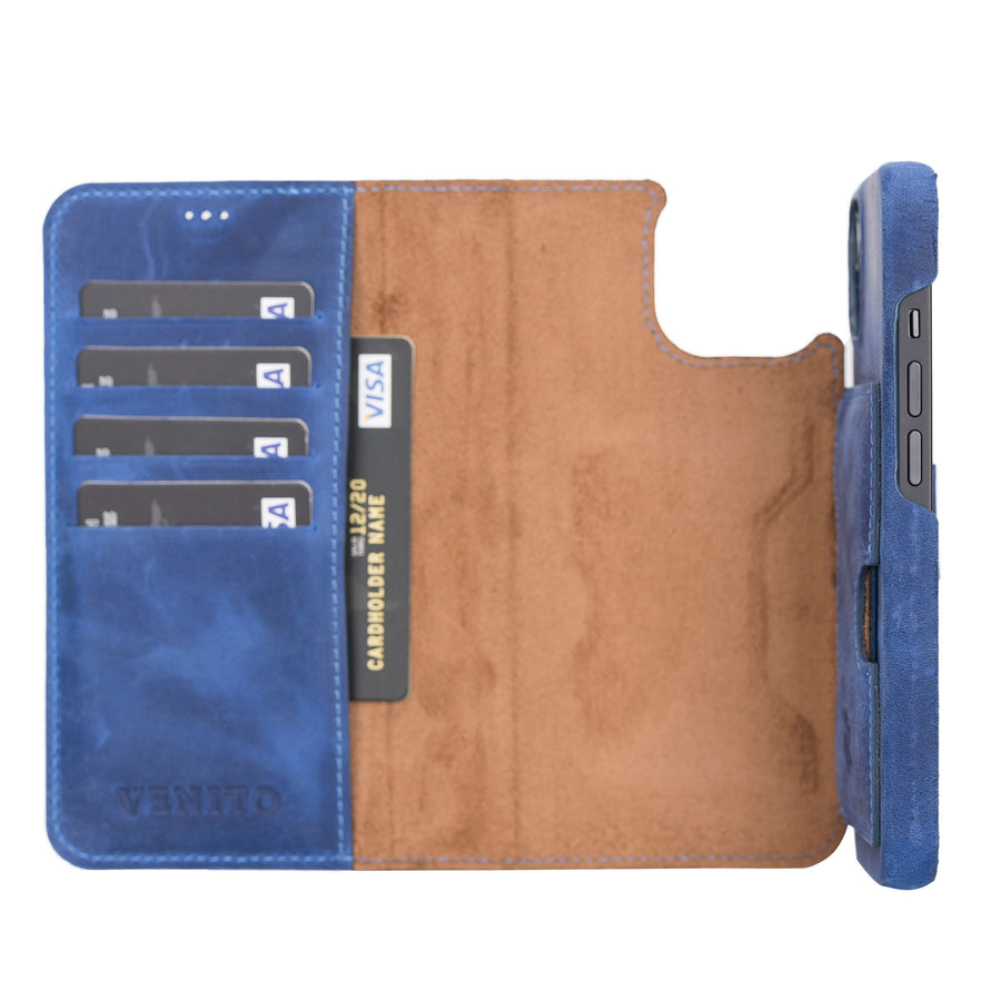 Florence Luxury Blue Leather iPhone 13 Pro Detachable Wallet Case with Card Holder & MagSafe - Venito - 3