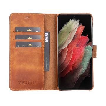 Luxury Brown Leather Samsung Galaxy S21 Detachable Wallet Case with Card Holder - Venito - 1