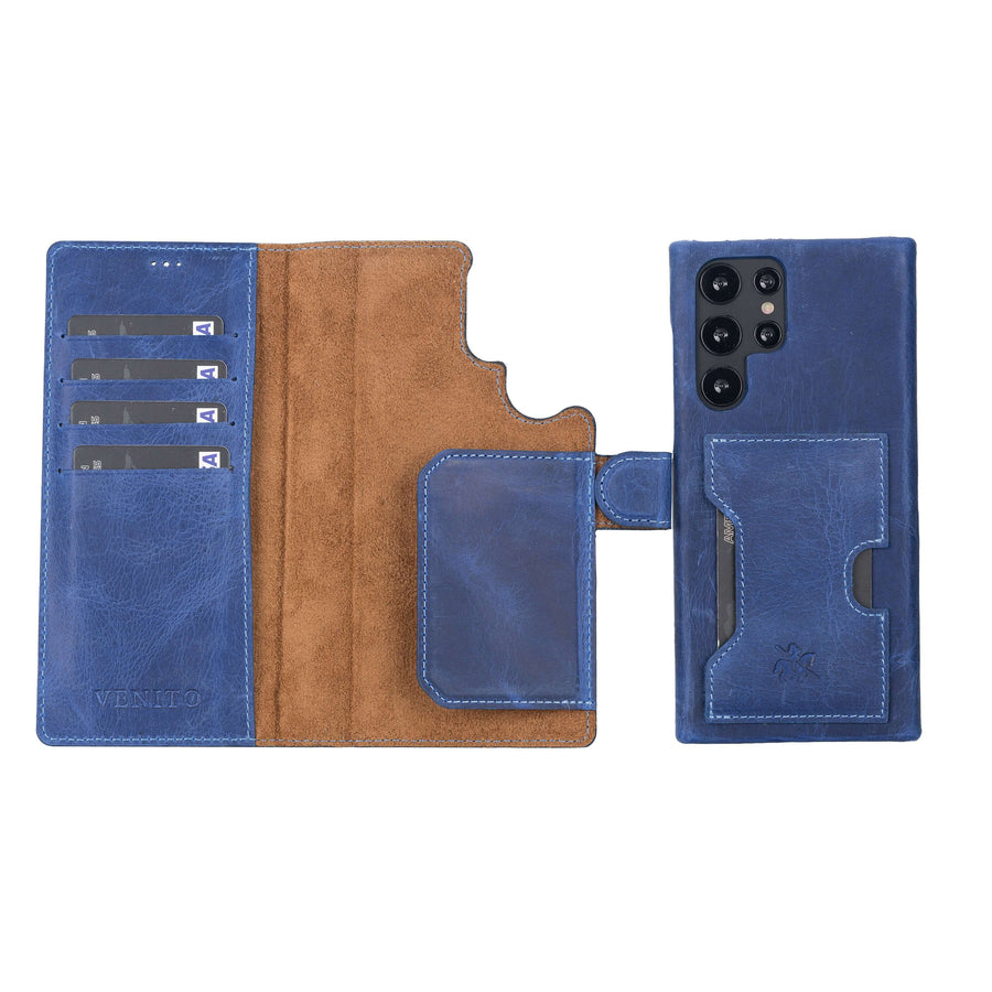 Luxury Blue Leather Samsung Galaxy S22 Ultra Detachable Wallet Case with Card Holder - Venito - 1