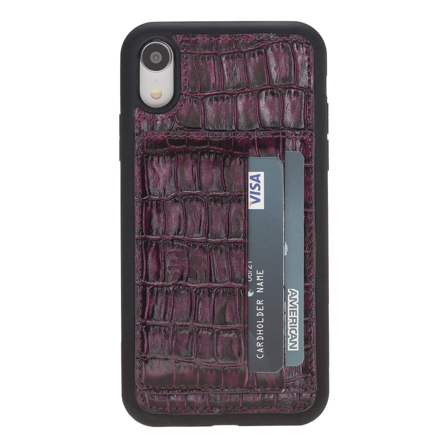 Luxury Purple Crocodile Leather iPhone XR Back Cover Case with Card Holder and Kickstand - Venito - 2