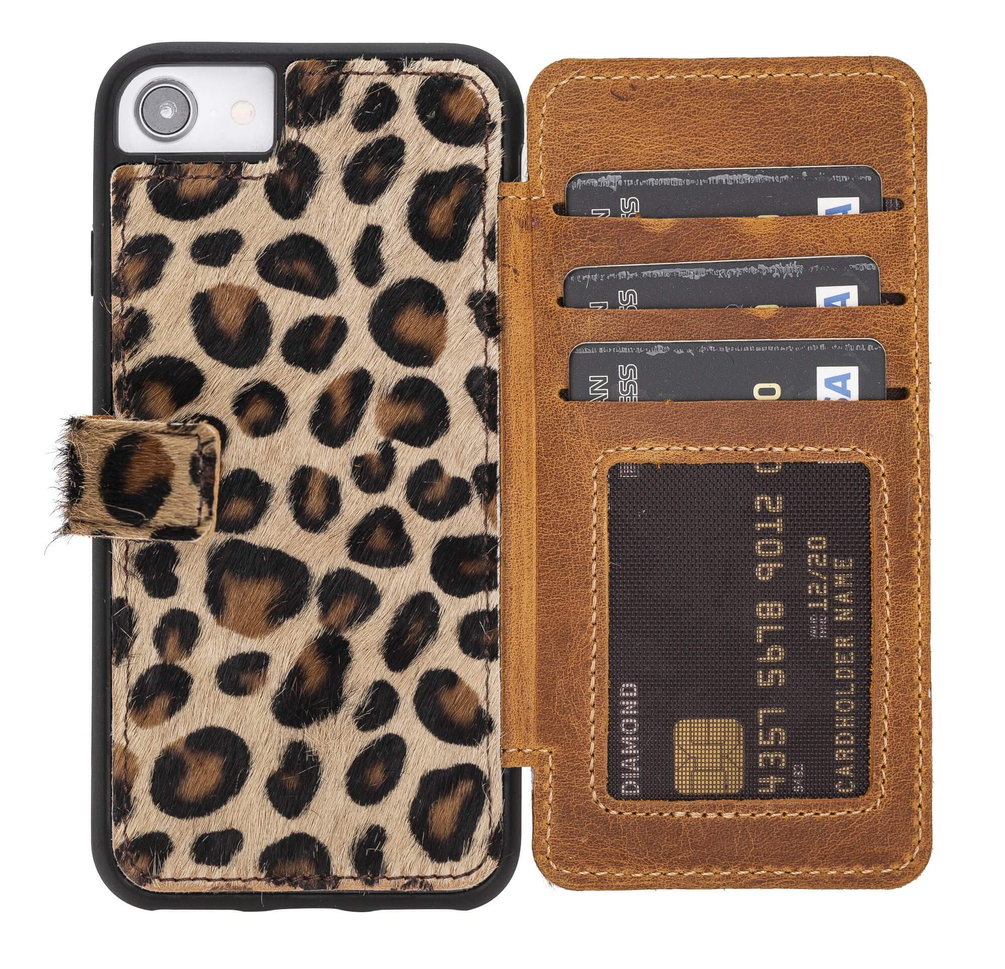 Verona RFID Blocking Leather Slim Wallet Case for iPhone SE 2020 SE 2022 Furry Leopard