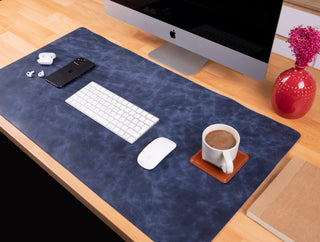 Customizable Genuine  Desk Mat - Midnight Blue / Leather