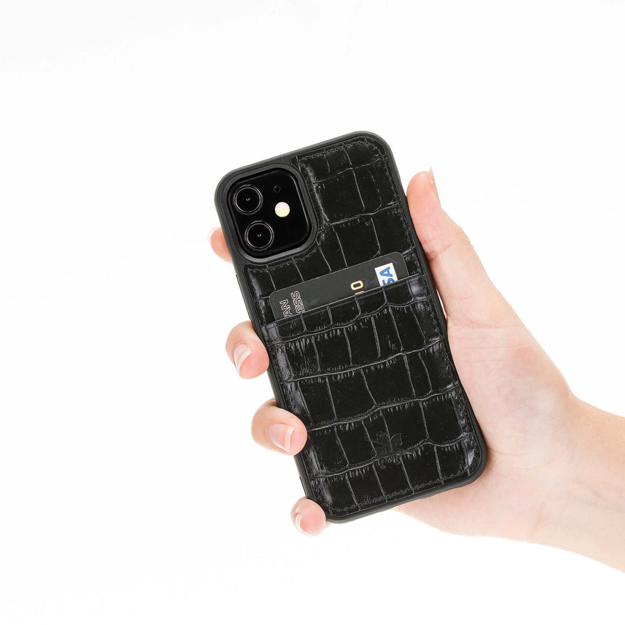 Luxury Black Crocodile Leather iPhone 12 Mini Back Cover Case with Card Holder - Venito – 2