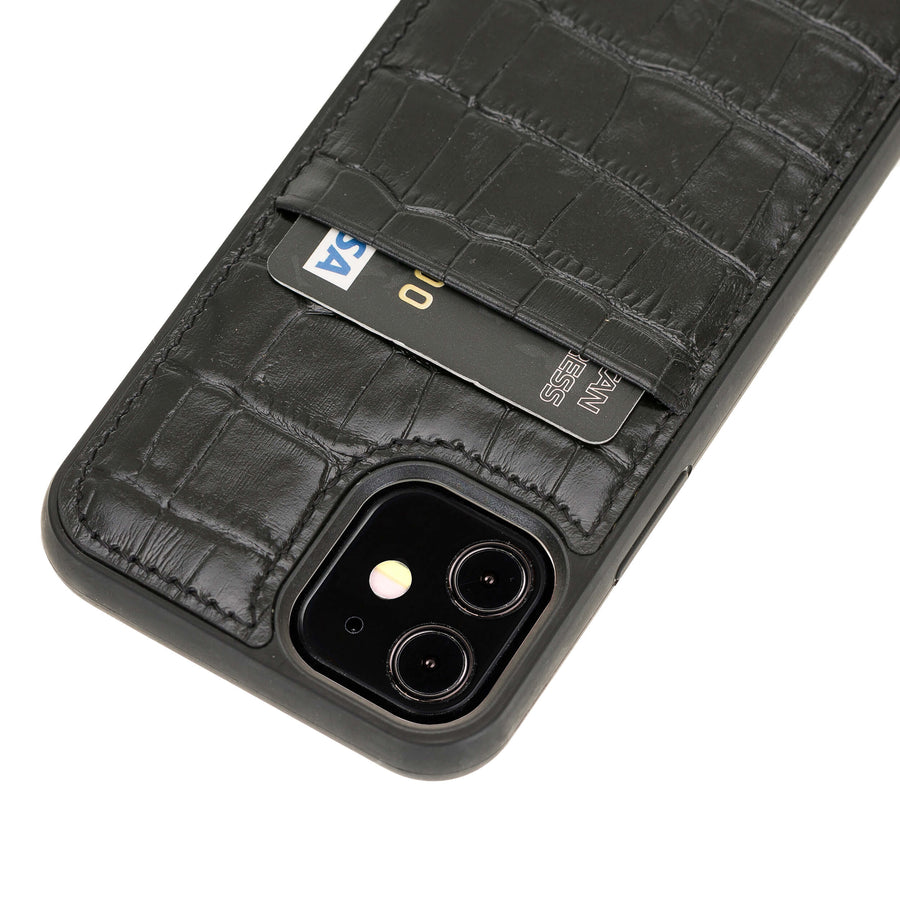 Luxury Black Crocodile Leather iPhone 12 Mini Back Cover Case with Card Holder - Venito – 3