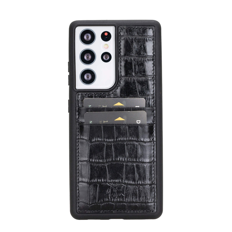 Luxury Black Crocodile Leather Samsung Galaxy S21 Ultra Back Cover Case with Card Holder - Venito – 1