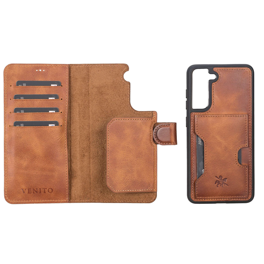 Luxury Brown Leather Samsung Galaxy S21 FE Detachable Wallet Case with Card Holder - Venito - 1