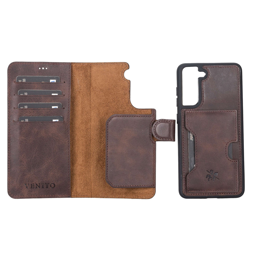 Luxury Dark Brown Leather Samsung Galaxy S21 FE Detachable Wallet Case with Card Holder - Venito - 1
