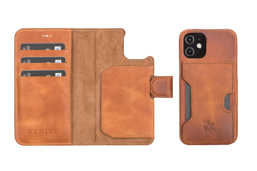 Luxury Brown Leather iPhone 12 Mini Detachable Wallet Case with Card Holder & MagSafe - Venito - 1