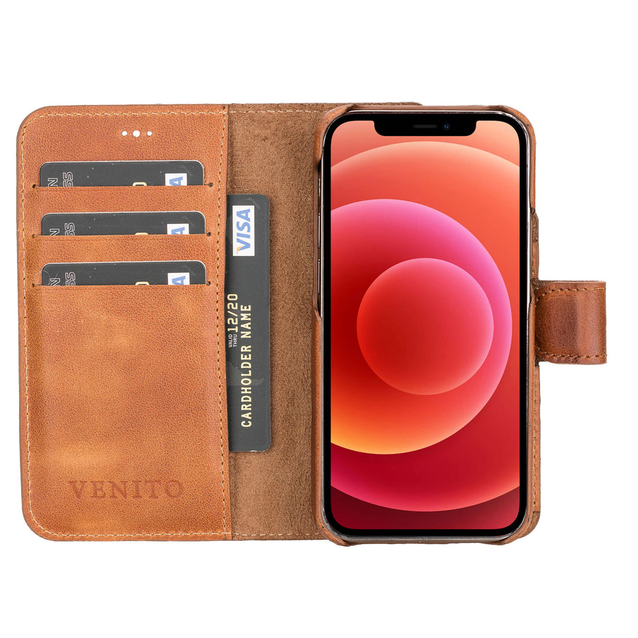 Luxury Brown Leather iPhone 12 Mini Detachable Wallet Case with Card Holder & MagSafe - Venito - 2