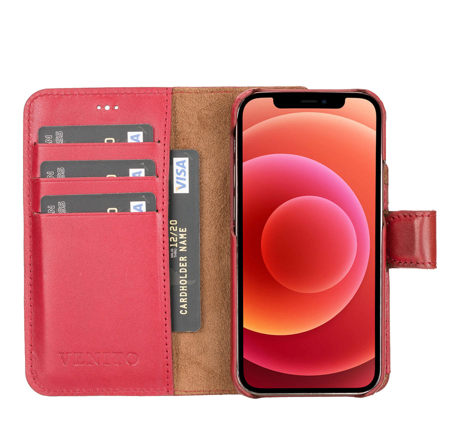 Luxury Red Leather iPhone 12 Mini Detachable Wallet Case with Card Holder & MagSafe - Venito - 2