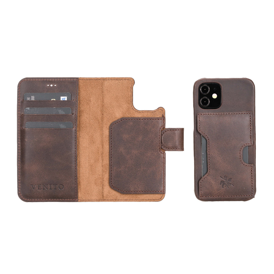 Luxury Dark Brown Leather iPhone 12 Mini Detachable Wallet Case with Card Holder & MagSafe - Venito - 1