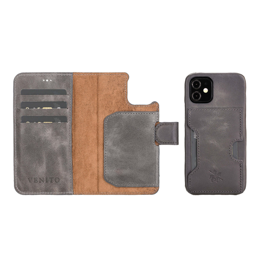 Luxury Gray Leather iPhone 12 Mini Detachable Wallet Case with Card Holder & MagSafe - Venito - 1