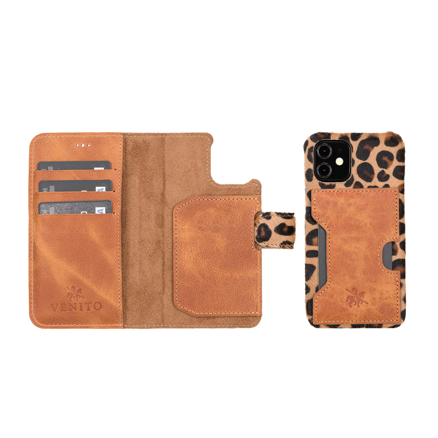 Luxury Leopard Leather iPhone 12 Mini Detachable Wallet Case with Card Holder & MagSafe - Venito - 1