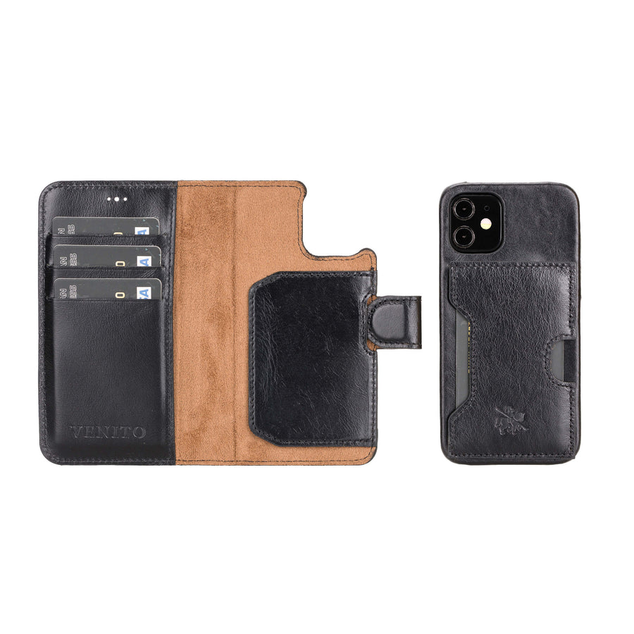 Luxury Black Leather iPhone 12 Mini Detachable Wallet Case with Card Holder & MagSafe - Venito - 1