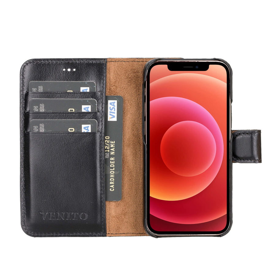 Luxury Black Leather iPhone 12 Mini Detachable Wallet Case with Card Holder & MagSafe - Venito - 2