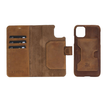 Luxury Brown Leather iPhone 11 Detachable Wallet Case with Card Holder  - Venito - 1