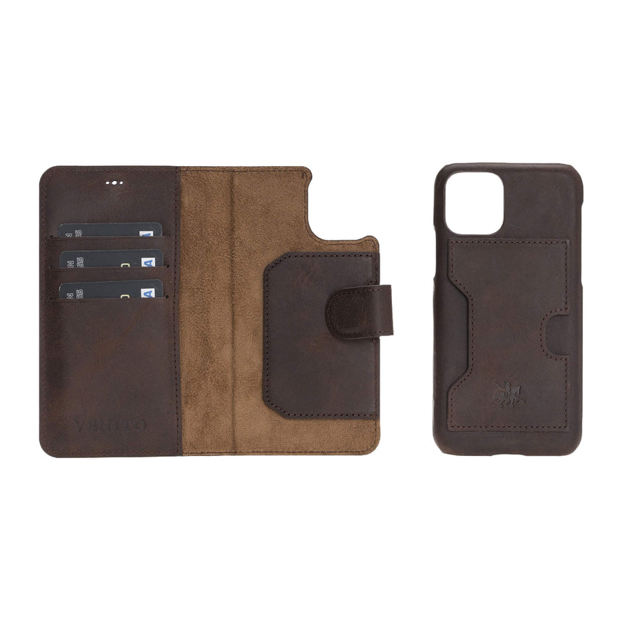 Luxury Dark Brown Leather iPhone 11 Pro Detachable Wallet Case with Card Holder - Venito - 1