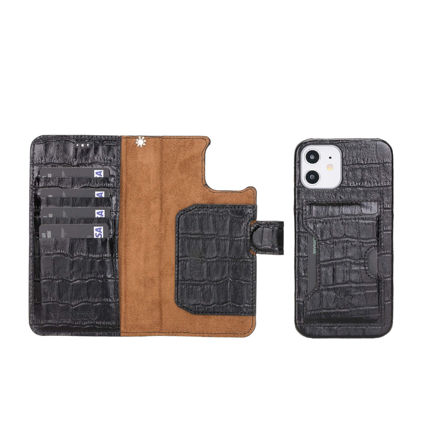 Luxury Black Crocodile Leather iPhone 12 Detachable Wallet Case with Card Holder & MagSafe - Venito - 1