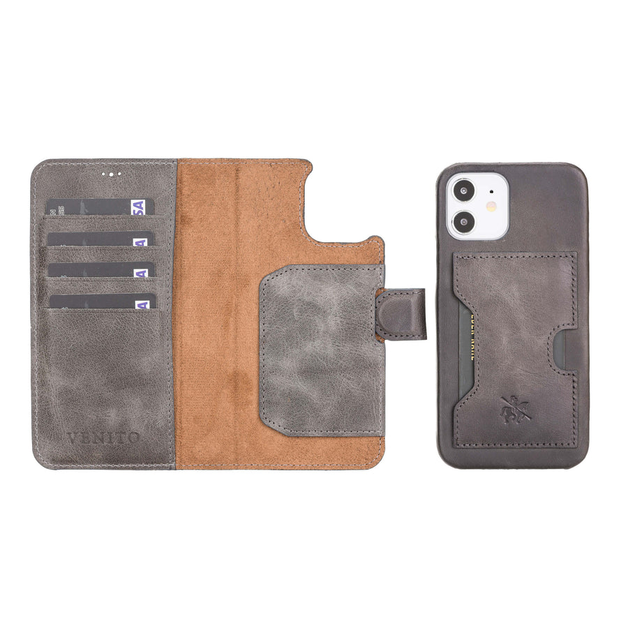 Luxury Gray Leather iPhone 12 Detachable Wallet Case with Card Holder & MagSafe - Venito - 1