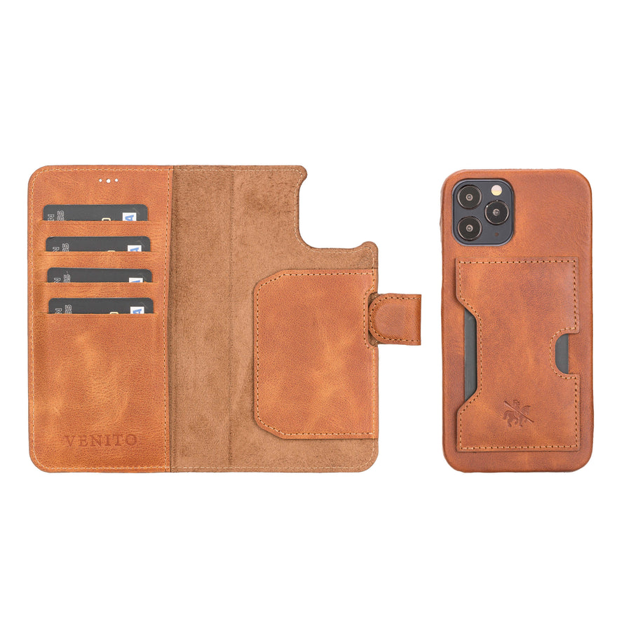 Luxury Brown Leather iPhone 12 Pro Detachable Wallet Case with Card Holder & MagSafe - Venito - 1