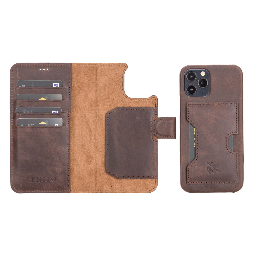 Luxury Dark Brown Leather iPhone 12 Pro Detachable Wallet Case with Card Holder & MagSafe - Venito - 1