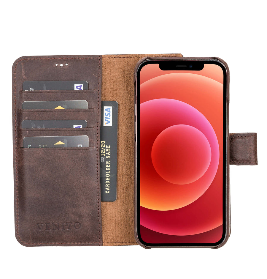 Luxury Dark Brown Leather iPhone 12 Pro Detachable Wallet Case with Card Holder & MagSafe - Venito - 2
