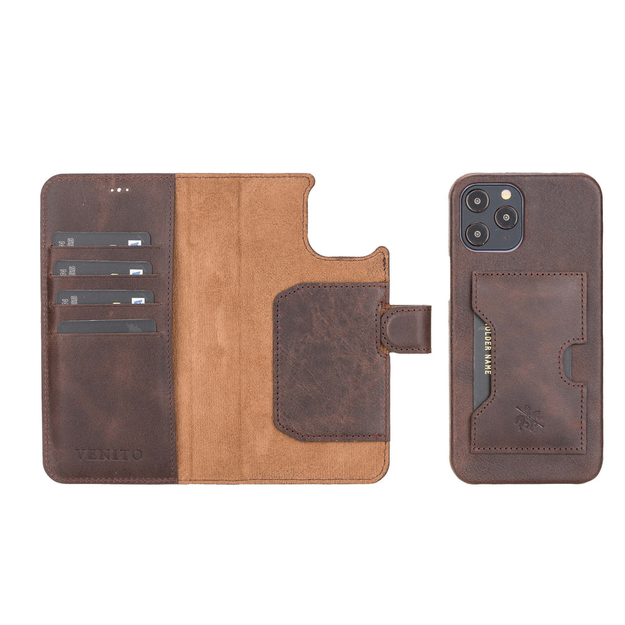 Luxury Dark Brown Leather iPhone 12 Pro Max Detachable Wallet Case with Card Holder & MagSafe - Venito - 1