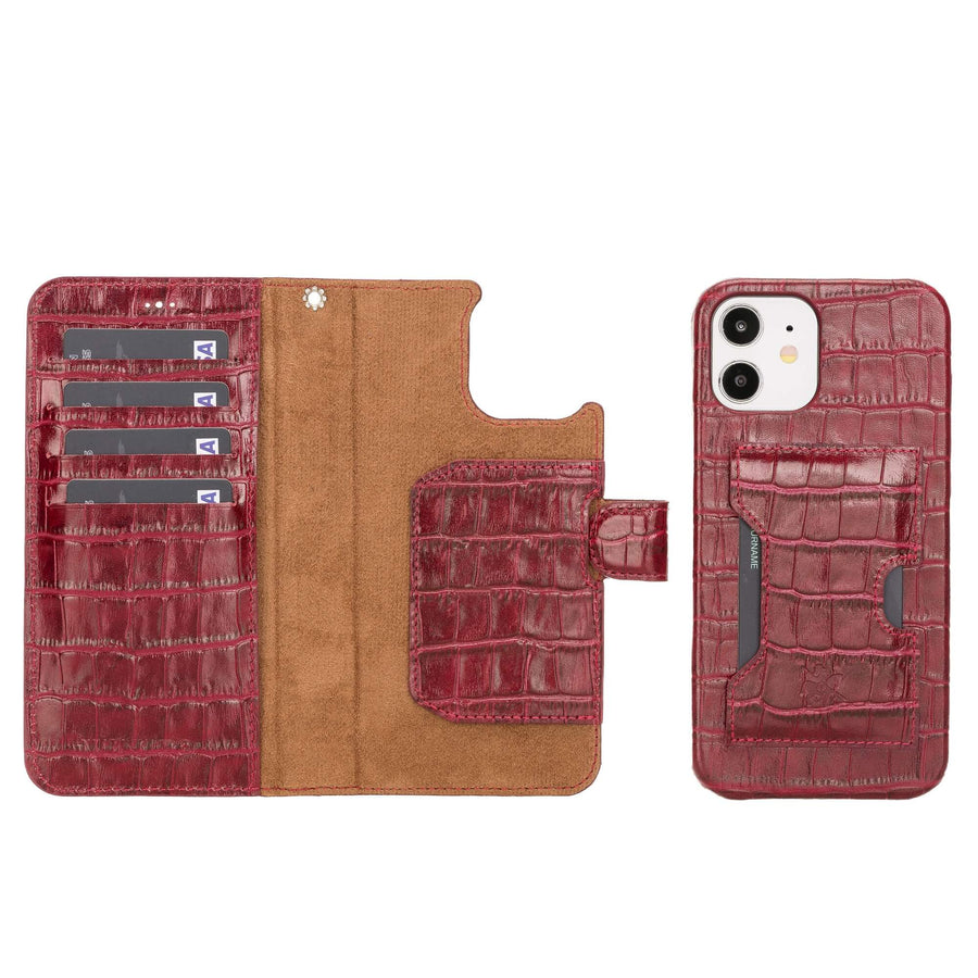 Luxury Red Crocodile Leather iPhone 12 Detachable Wallet Case with Card Holder & MagSafe - Venito - 1