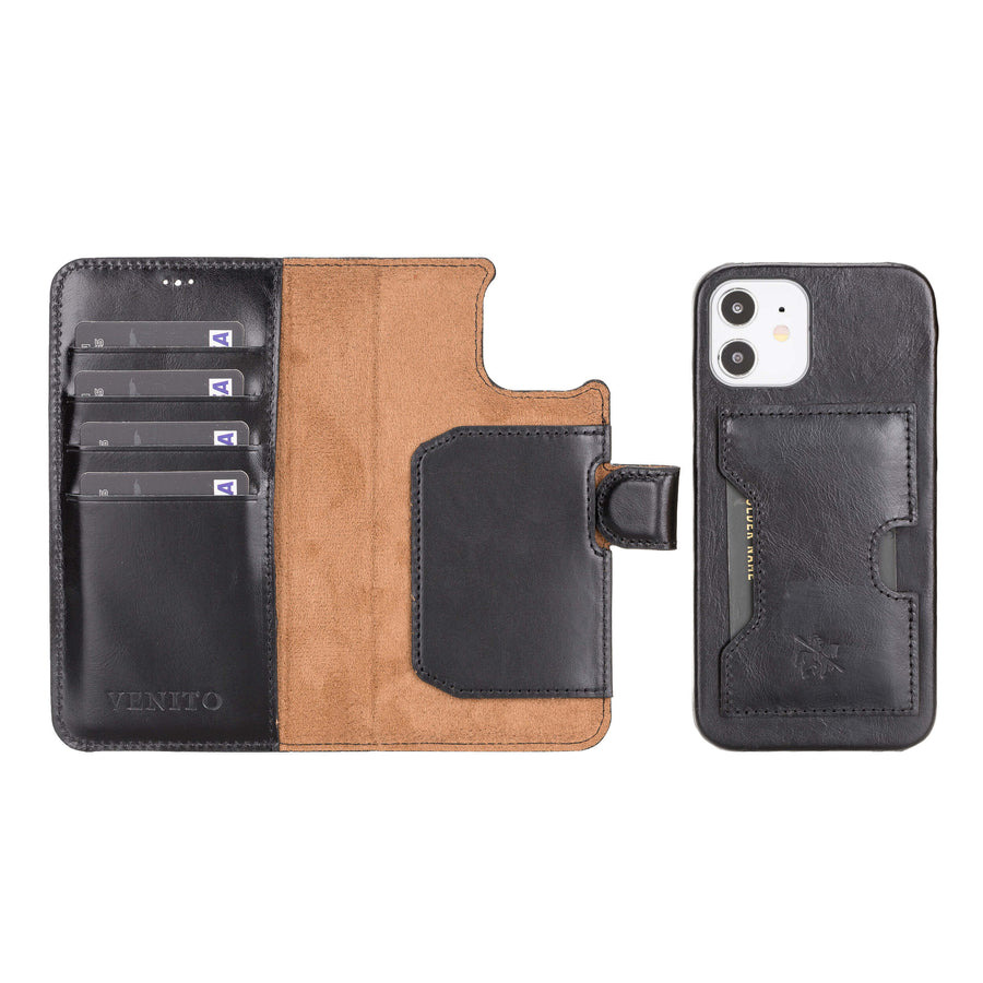 Luxury Black Leather iPhone 12 Detachable Wallet Case with Card Holder & MagSafe - Venito - 1