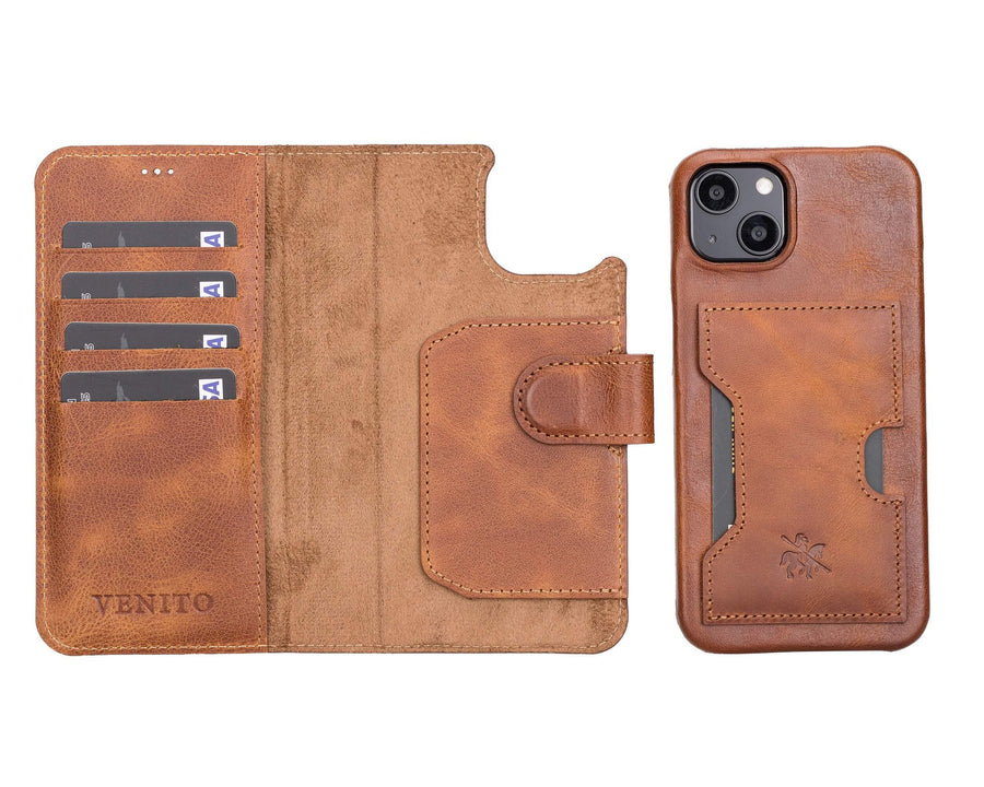 Florence Luxury Brown Leather iPhone 13 Detachable Wallet Case with Card Holder & MagSafe - Venito - 1